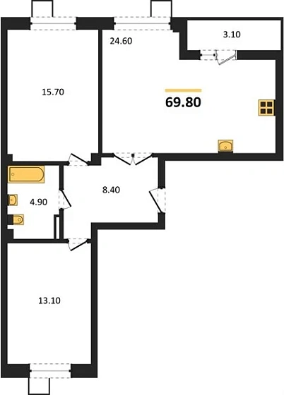 Квартира 2-комн. 69.8 кв. м