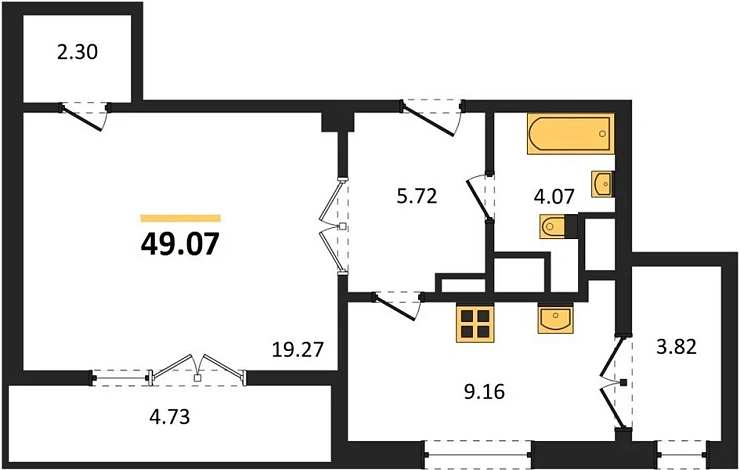 Квартира 1-комн. 49.07 кв. м