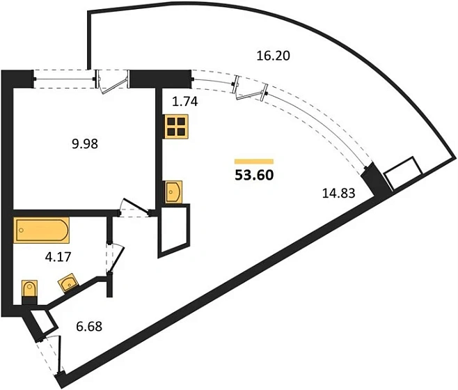 Апартаменты 1-комн. 53.6 кв. м