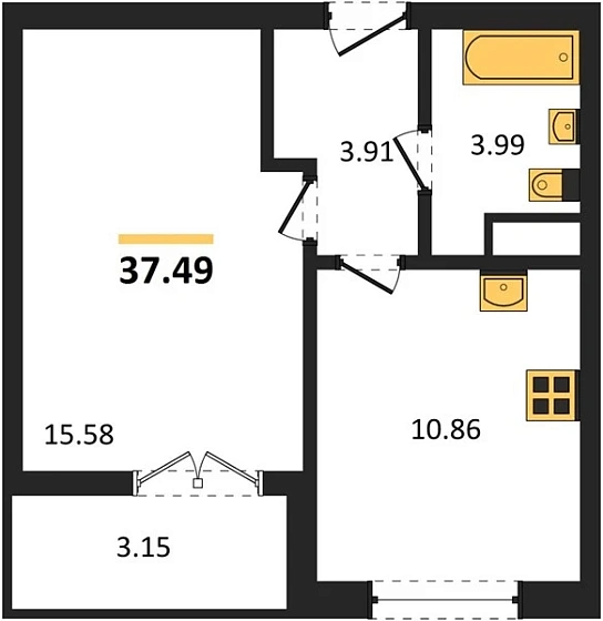 Квартира 1-комн. 37.49 кв. м