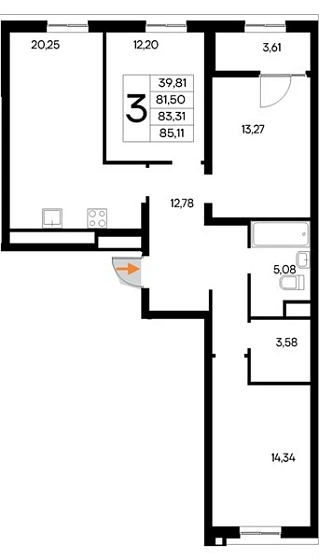 Квартира 3-комн. 85.11 кв. м