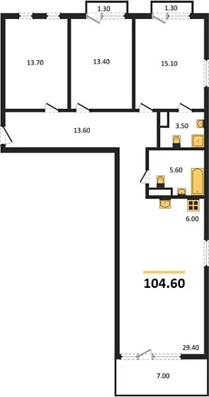 Квартира 3-комн. 104.6 кв. м