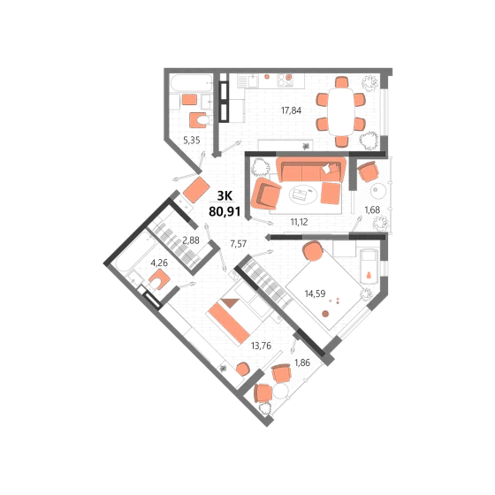 Квартира 3-комн. 80.91 кв. м