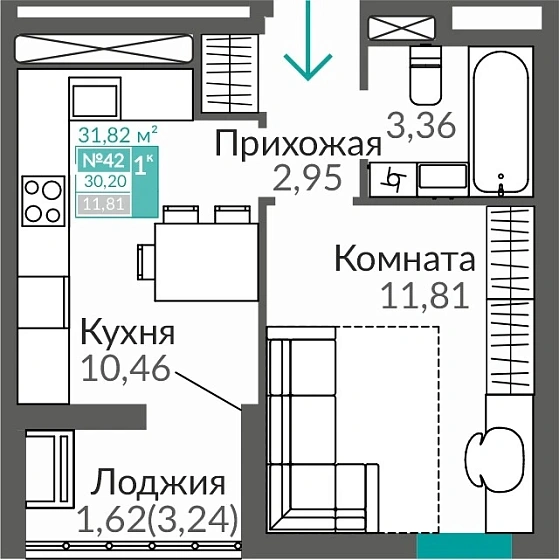 Квартира 1-комн. 30.2 кв.м