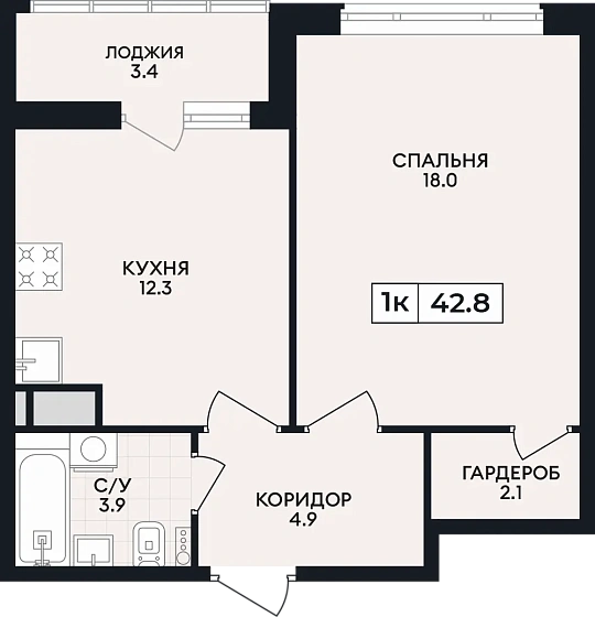 Квартира 1-комн. 42.8 кв. м