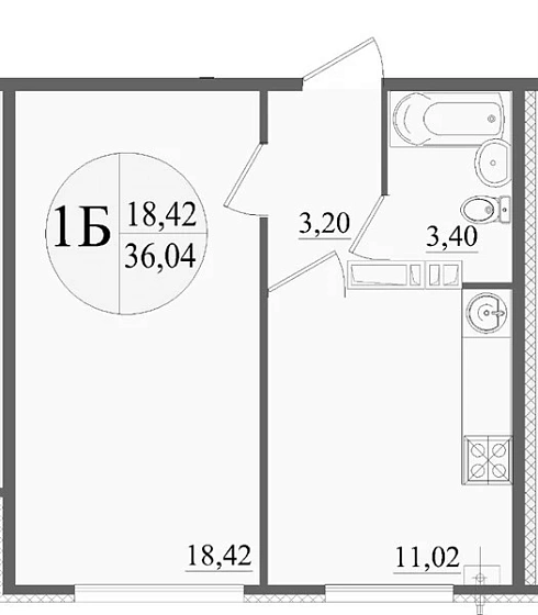 Квартира 1-комн. 36.04 кв. м