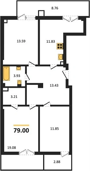 Квартира 3-комн. 79 кв. м