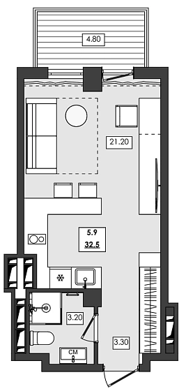 Апартаменты 1-комн. 32.5 кв. м