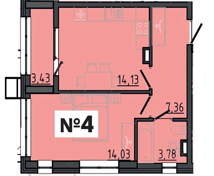 Квартира 1-комн. 41.01 кв. м