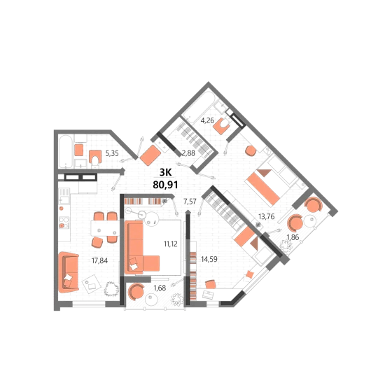 Квартира 3-комн. 80.91 кв. м