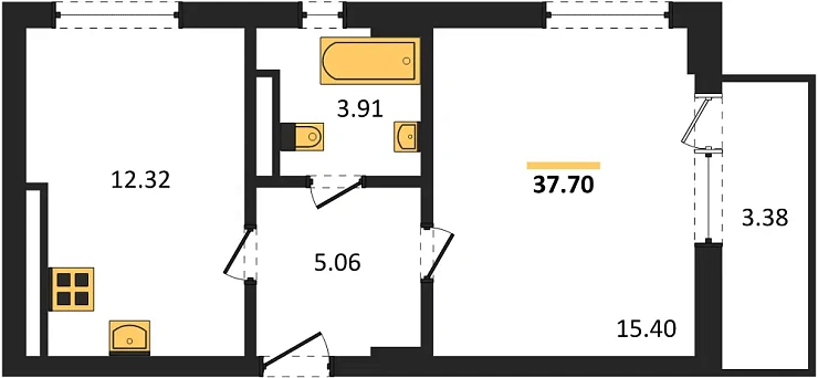 Квартира 1-комн. 37.7 кв. м