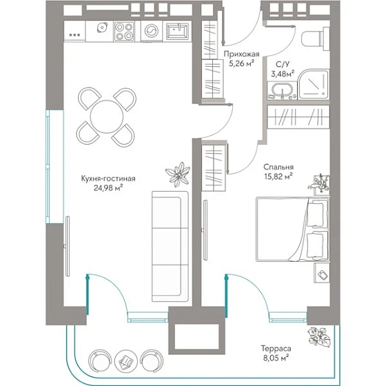 Квартира 1-комн. 57.59 кв. м