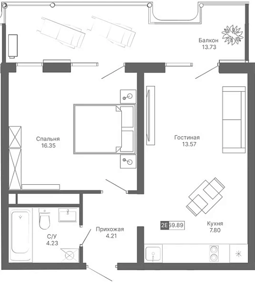 Апартаменты 1-комн. 59.89 кв. м