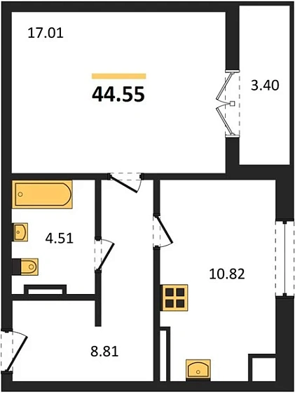 Квартира 1-комн. 44.55 кв. м