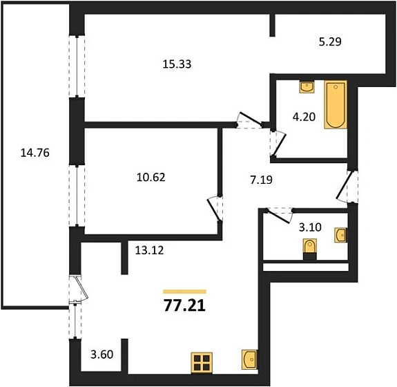 Квартира 2-комн. 77.21 кв. м
