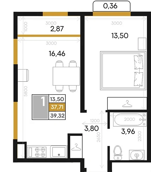 Квартира 1-комн. 39.32 кв. м