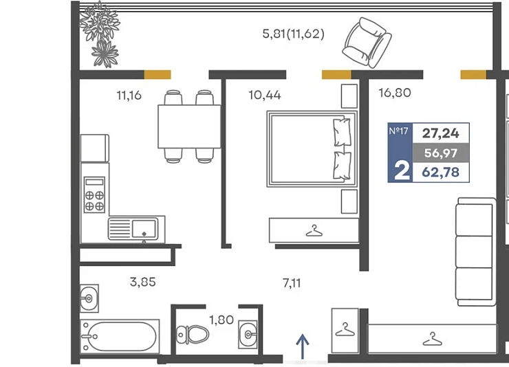 Квартира 2-комн. 56.97 кв. м