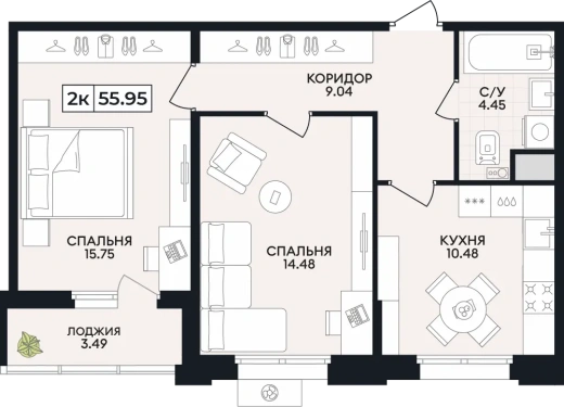 Квартира 2-комн. 55.95 кв. м