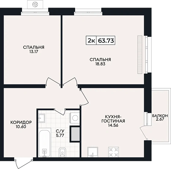 Квартира 2-комн. 63.73 кв. м