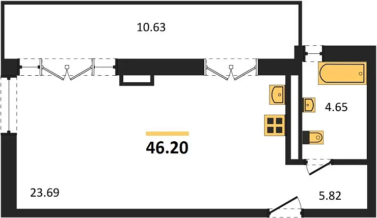 Квартира 1-комн. 46.2 кв. м