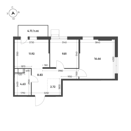Квартира 2-комн. 55.8 кв. м