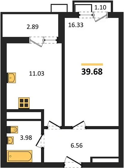 Квартира 1-комн. 39.68 кв. м