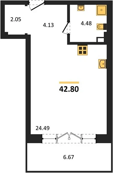 Квартира 1-комн. 42.8 кв. м