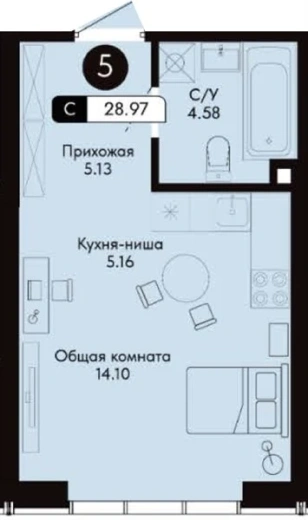 Квартира Студия 28.97 кв. м