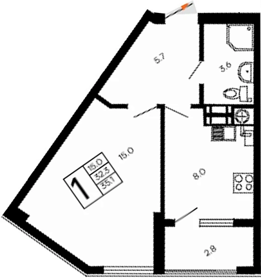 Квартира 1-комн. 35.1 кв. м