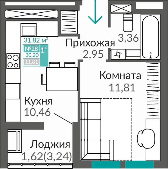 Квартира 1-комн. 30.2 кв.м