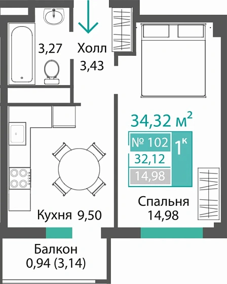 Квартира 1-комн. 32.12 кв.м