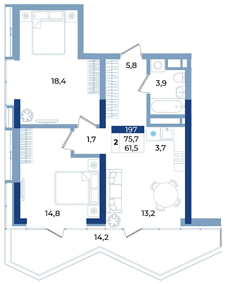Апартаменты 2-комн. 75.7 кв.м