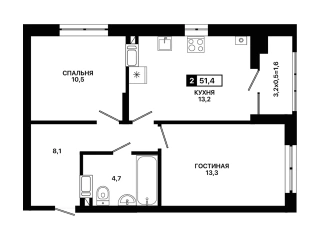 Квартира 2-комн. 51.4 кв. м