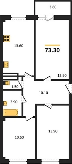 Квартира 3-комн. 73.3 кв. м