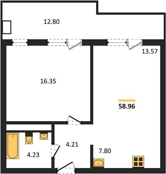 Апартаменты 1-комн. 58.96 кв. м