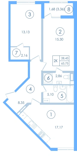 Квартира 2-комн. 63.3 кв. м