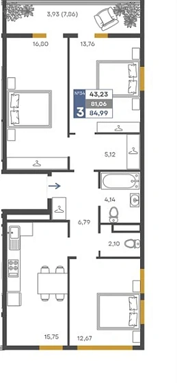 Квартира 3-комн. 81.06 кв. м