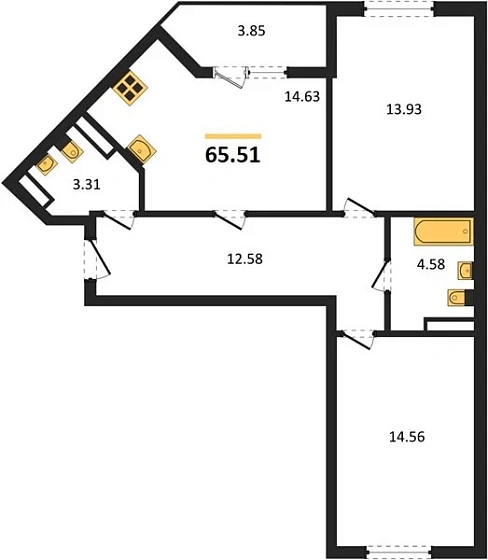 Квартира 2-комн. 65.51 кв. м