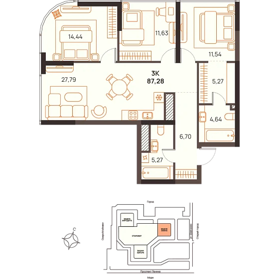 Квартира 3-комн. 87.28 кв. м