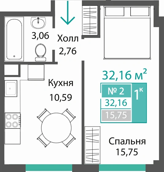 Квартира 1-комн. 32.16 кв.м