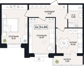 Квартира 2-комн. 54.85 кв. м