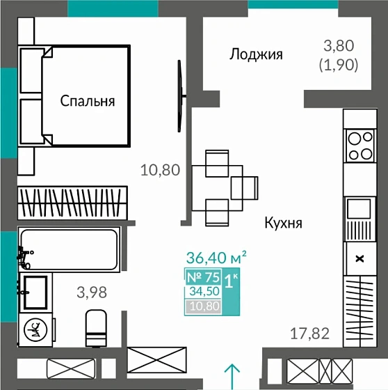 Квартира 1-комн. 34.5 кв.м