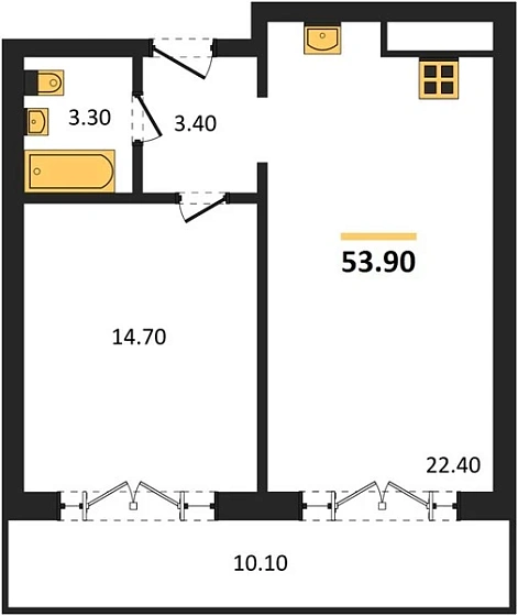 Апартаменты 1-комн. 53.9 кв. м