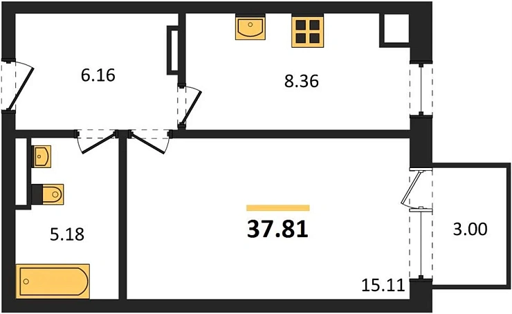 Квартира 1-комн. 37.81 кв. м