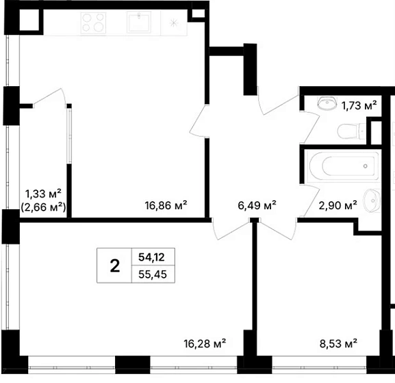 Квартира 2-комн. 55.45 кв. м