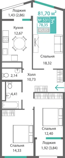 Квартира 3-комн. 78.35 кв.м