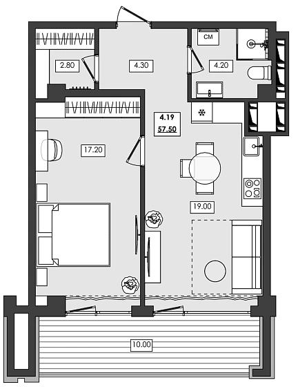 Апартаменты 2-комн. 57.5 кв. м