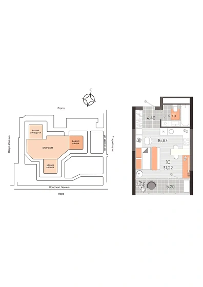 Квартира Студия 31.22 кв. м