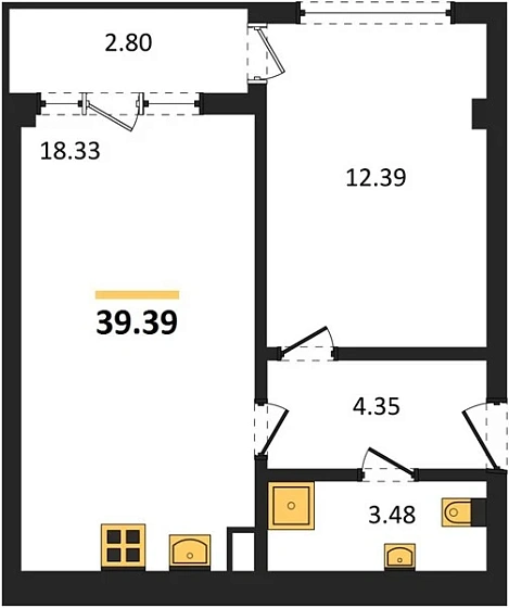 Квартира 1-комн. 39.39 кв. м