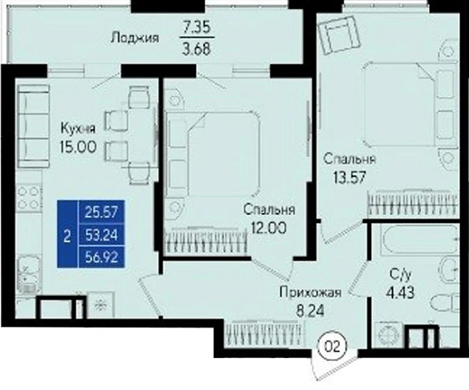 Квартира 2-комн. 56.92 кв. м